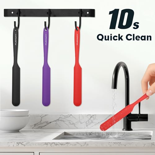 3pcs Silicone Jar Spatulas 10in Long Skinny Heat-Resistant, Narrow Spatula Set for Scraping Peanut Butter, Sourdough, Jam in Small Containers, Blenders & Baking (Black & Purple & Red) - color: Black & Purple & Red