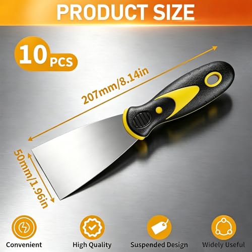 10Pcs Putty Knife Set, 2 Inch Stainless Steel Spackle Knives, Flexible Metal Scraper Paint Knife with Comfortable Grip Scraper Tool Kit for Repairing Drywall, Removing Wallpaper, Mud, Plaster Scraping