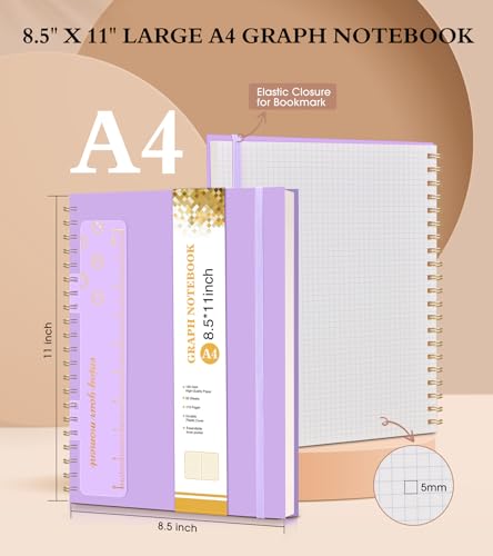 Graph Paper Notebook, Spiral Notebook Journal 8.5” x 11”, A4 Large Grid Notebooks for Women Men, 100 GSM Graph Paper, Plastic Hardcover Spiral Graphing Journals for Work School Engineerin, Purple - color: Purple, size: Graph