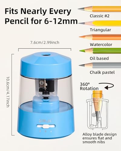 ZMOL Electric Pencil Sharpener Battery Powered, 6-12mm Jumbo Pencils,Blue | Suitable for No.2/Colored Pencils(6-12mm), 3 Modes,Fast Sharpen,AC Adapter/Battery Operated in School/Classroom/Office/Home - color: Blue