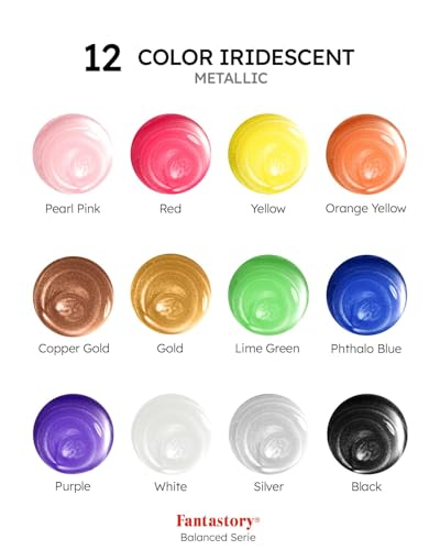 Fantastory 60ml 12 Colors Metallic Acrylic Paint Set with 12 Brushes | Balanced Series, Color-Shifting, Perfect for Metal, Canvas, Rock, Stone, Ceramic, Model, Wood Painting - style: 12 Balanced Metallic Colors