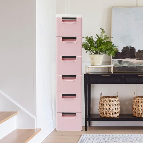 6 Drawers Plastic Storage Cabinet, Mobile Slim Utility Cart on Wheels, for Narrow Space Office Classroom Bedroom Bathroom (Pink) - color: Pink