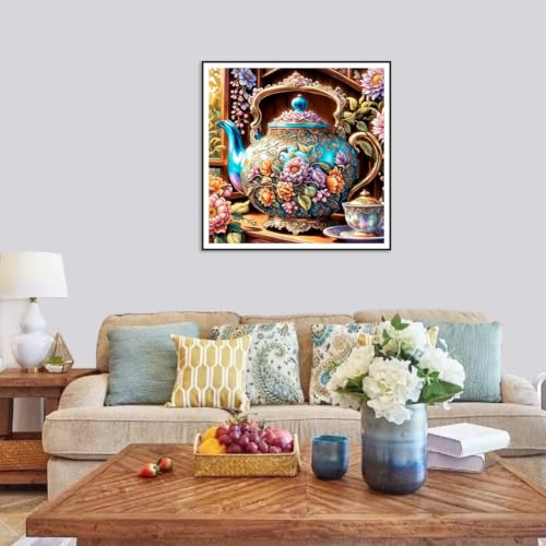 hill froeistung 5D Colorful Teapot Diamond Art Painting Kits for Adults | Flower Diamond Art for Beginners, DIY Full Drill Teacup Diamond Art Painting(12X12 inch) - color: HF-A053