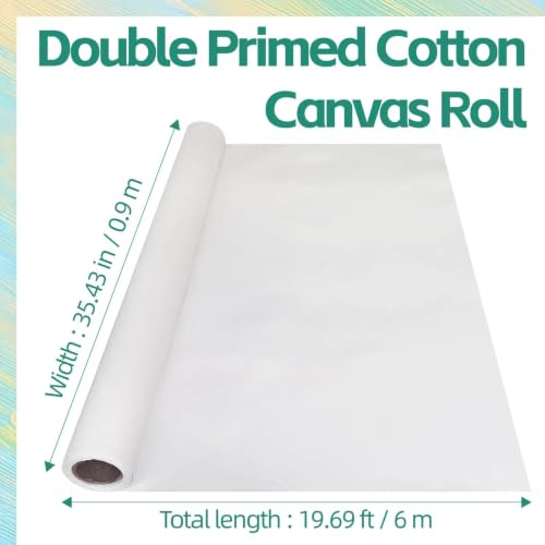 35.43in ×19.69ft Double Primed Cotton Canvas,Large Canvas Roll for Painting | White Unstretched Artist Painting Backdrop for Oil, Acrylic Painting, and Gouache