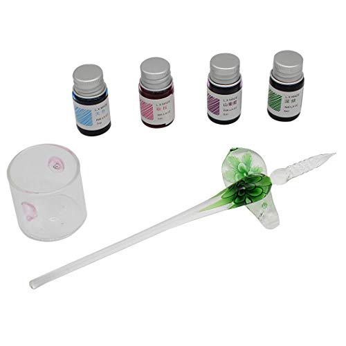 Crystal Glass Intarsia Dip Pen Fountain Pen Kit Vintage Calligraphy Signatures Pen with 4 Colors Ink, Pen Holder, Cleaning Cup, Green - color: green