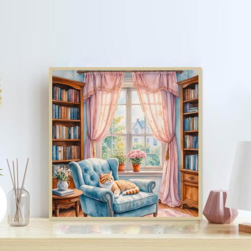Accompany Wind Book Diamond Art Kits for Adults, 5D Cat Diamond Painting Kits for Beginners,DIY Round Full Drill Diamonds Gem Art Crafts for Home Wall Decor Gifts 14x14 Inch - color: Couch cat