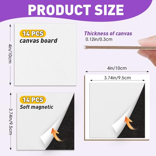 ESRICH 14 Pack 4x4IN Mini Magnetic Canvas Panels, Small Canvases for Painting for Oil, Watercolor, Acrylic Painting & DIY Crafts with 14PCS 4x4IN Square Flat Canvas Boards, 14PCS Soft Magnets - size: 4 x 4 in (14 Pack)