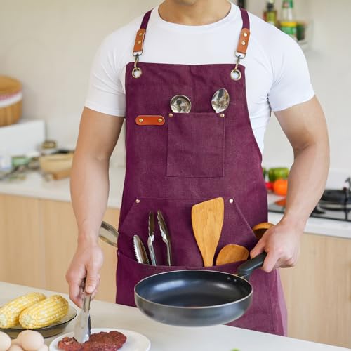Aoomzoon Canvas Aprons for Men Chef Apron, Work Apron with Large Pockets - 16oz Heavy Duty Cross Back, BBQ, Cooking - color: Red