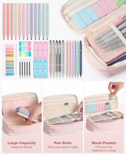 39PCS Aesthetic School Supplies with Cute Pencil Case, 5X Ballpoint Pens with Stylus Tip, 12X Pastel Highlighters, 6X Mechanical Pencil Set 0.5&0.7mm, Suit for Preppy School College Essentials(green) - color: Green