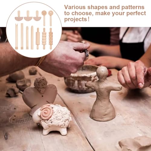 OLYCRAFT 12pcs Clay and Dough Tools Play Accessories Includes Rollers Hammer Party Pack Wood Pottery Tools Stamps for Clay Art DIY Crafts Art Craft Activity Supplies