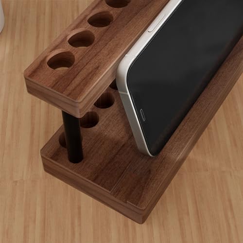 Pencil & Pen Holder for Desk, Solid Walnut Pen Display Stand with 9 Slots and Cell Phone Holder, Aesthetic Pen Organizer for Minimalist Office Desk Decor