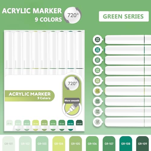 Water Based Acrylic Paint Markers Green, 9 Colors Paint Pen Set | Natural Green Series, Soft Brush Tip, Smooth Writing, Marker Pen for Rock Painting, Egg, Wood, Glass, Mugs, Black Paper - color: Green Series