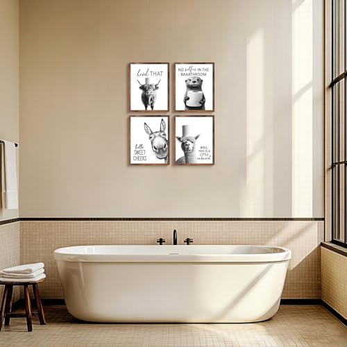 Funny Bathroom Wall Art Black and White Bathroom Signs Decor Rustic Donkey Cow Pictures Wall Decor Funny Animals Head on Tissue Paper Canvas Art Prints for Toliet Bedroom,Framed,8x10inchx4pcs - color: Animal Bathroom-Brown Frame