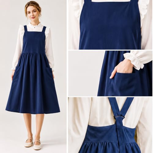 Uaussi Cotton Linen Apron Cross Back Work Apron for Women with Pockets Pinafore Dress X Cross Halter Apron for Chef Gardening - color: Navy Blue