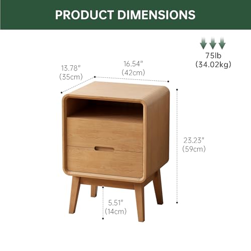 Solid Wood Nightstand, Mid Century Modern Small Nightstand with Two Drawers, Small Night Stand with Open Shelf, Oak Bedside Table for Bedroom, Dorm(Natural Wood Color) - color: Natural 2 Drawer, size: 1 PACK
