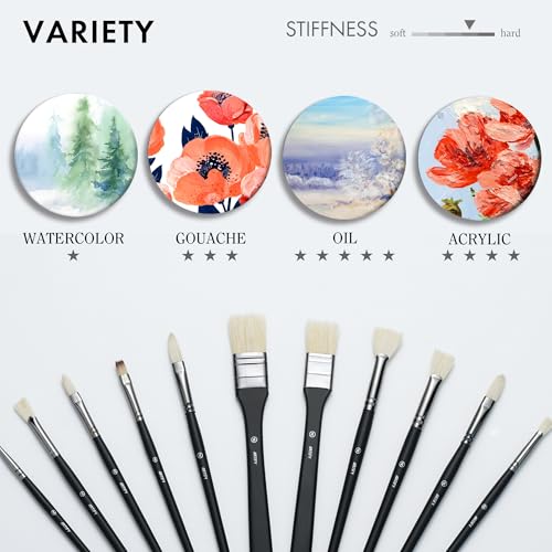 ARTIFY Oil Paint Brush Set - 11 Pieces | Professional Artist Paint Brush Set for Oil, Acylic and Gouache | Natural Hog Bristle Brushes with an Additional Nylon Brush