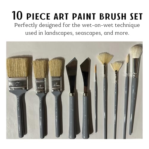 10 Piece Landscape Brush Set, for Wet on Wet Painting: 2 Inch, 1 Inch, 1 Inch Oval, 4 & 6 Fan, Filbert, 2 Palette Knives, Liner, Mop Blender - Adam Lashley