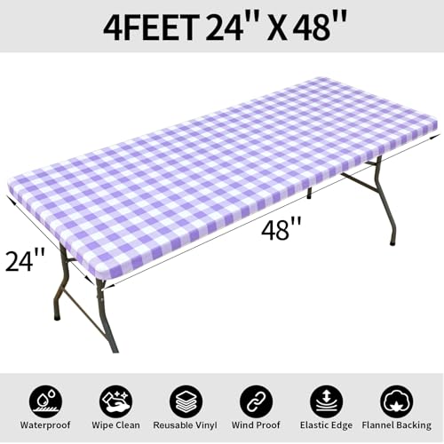 Smiry 4 Foot Picnic Table Cloth, Flannel Backed Fitted Vinyl tablecloths | Waterproof Elastic Rectangle Tablecloth ,Buffalo Plaid Table Covers for Dining, Camping (Purple and White, 24" x 48") - color: Purple and White, size: 48" x 24" (Rectangular)