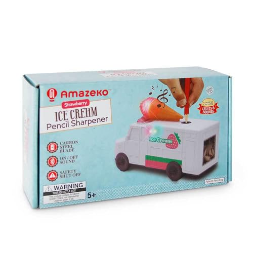 Amazeko Electric Pencil Sharpener with Ice Cream Lights and Music for Kids. Great for Back to School, Birthdays, and Holidays (Strawberry)