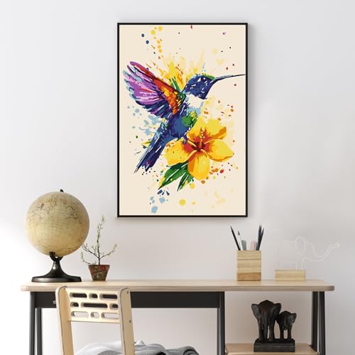 Framed Paint by Numbers Kit for Adults Beginner & Kids Ages 8-12, Hummingbird Paint by Numbers With Frame, DIY Watercolor Number Painting for Adults Hummingbird for Home Wall Decor Gift 8x 12 inch | For Adults Beginner & Kids Ages 8-12, With Frame Canvas
