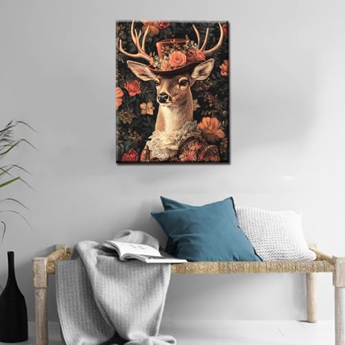 Deer Paint by Numbers Kit for Adults & Kids Ages 8-12,Animal Wearing Hat Paint by Number on Canvas Easy to Paint for Beginner Acrylic Paintwork Home Wall Decor 16"x20" (DIY Frame) - color: Hat Animal-01, size: 16''x20''(DIY Frame)