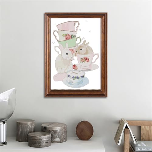 Rabbit Stamped Cross Stitch Kits 11CT Printed Cross Stitch for Adults Needlepoint Kits Animal Embroidery for Beginners DIY Gift Kids craft kit Home Decor - (Cup and Rabbit (Printed)) 18.1×24.8 inch - color: Cup and Rabbit (Printed)