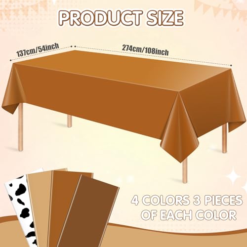 12Pack Brown and Cow Print Western Plastic Tablecloth for Rectangle Tables, Cowboy Rodeo Disposable Table Cover, Brown Rustic Table Cloth for Western Farm Cowboy My First Rodeo Baby Shower Party Decor - color: Gradient Beige and Cow Print