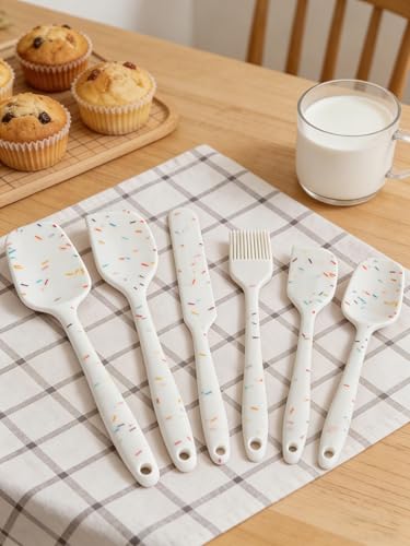 6 Pieces Silicone Spatula Set - Heavy Duty Kitchen Cooking Serving Utensils, Non-Stick Silicone Cooking Utensils Set, Kitchen Utensil Set with Oil Brush, Jar Spatula & Mini Spatulas (White) - color: White