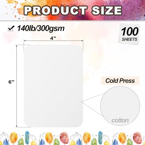PATIKIL 100 Sheets Cotton Watercolor Paper 140lb/300 GSM Cold Press Water Coloring Paint Paper Round Corner for Art Painting Watercolor Drawing Artist, 4x6 Inch - size: 4x6 Inch