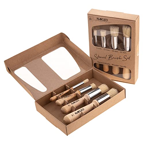 NAKLEO Wooden Stencil Brush Set, 4 Pcs 6, 12, 18, 22 mm, Natural Bristle Paint Brushes for Stenciling, Oil Painting, Acryling, Waxing, Chalk, Watercolor, Arts and Crafts DIY Decorating Tools