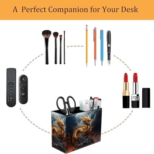 Pen Holder for Desk, PU Leather Multifunctional Desktop Storage Box and Anti-Slip Mouse Pad Set, Makeup Brush Holder Pen Organizer for Office and Home - Golden Dragon - color: Golden Dragon