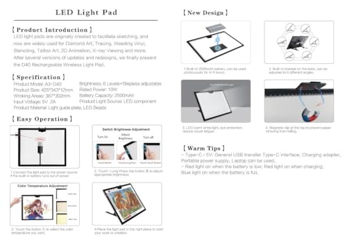 YINGWOND Wireless Rechargeable A3 LED Light Pad w/Built-in Foldable Stand, 3 Color Tone, 6 Levels of Brightness, Battery Powered Evenly Illuminated Light Box for Tracing Drawing and Diamond Painting - style: Rechargeable-A3 Black