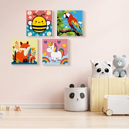 TOSTOG 4 Pack Paint by Number for Kids with Wooden Frame, Cute Animal Paint by Numbers for Kids Ages 8-12, Animal Acrylic Oil Painting Kits Easy Paint by Number for Home Wall Decor 8in X 8in - color: Bee