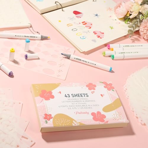 Patemby 43 Pack Small Letter Stencils for Painting, Alphabet Templates | 6 Different Font, 1/2, 3/4, 1, 5/4 Inch Number & Lettering Stencil in Script Cursive Reusable Plastic for Journal Wood Crafts