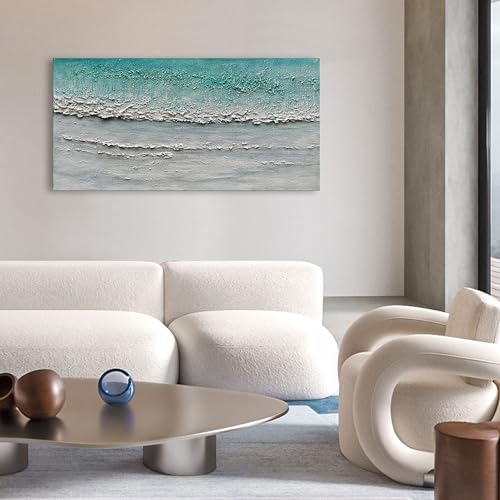 Art Hand-Painted Blue and White Ocean Landscape Oil Painting Modern Abstract Canvas Art Home Wall Decoration 24x48 inches - color: Dn170