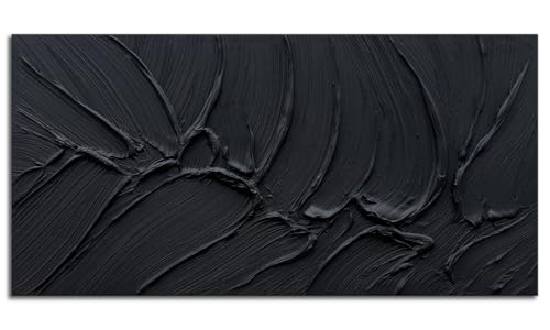 zoinart 3D Textured Black Wall Art Minimalist Oil Painting, Modern Contemporary Art 24x48 Inches Abstract Black Wall Decor for Living Room Bedroom Office - color: BL-070