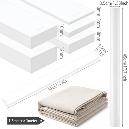 Fiwochic 12 Pcs Acrylic Pottery Tools Set Includes 1 Acrylic Clay Rolling Pin Sculpting Polymer Clay Tools 1 Stain Resistant Tablecloth and 10 Pcs 5 Size Teaching Rolling Mud Stick Guide(White) - color: White