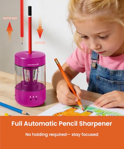Electric Pencil Sharpener for Classroom, Fully Automatic, Magenta Pink | Type-C Rechargeable, Auto In/Out, 2000mAh Built-in Battery, Fast Sharpen, For 6-8mm No.2&Colored Pencils, Home, School Office - color: Magenta Pink