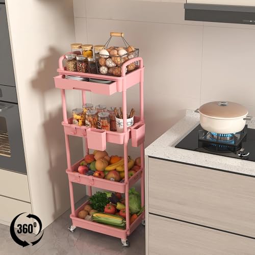 4 Tier Rolling Utility Cart with Drawer, Plastic Storage Organizer Rolling Carts with Wheels Handles Hanging Cups Hooks for Office, Bathroom, Kitchen,Craft Art Room (Pink) - color: Pink, size: 4-Tier