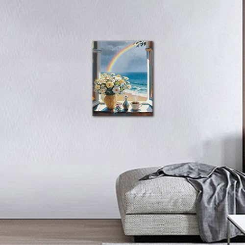 TUMOVO Paint by Numbers Kit for Adults Ocean, Window Flowers Coffee | Coastal Decor Canvas, Painting by Numbers for Adults, Match Numbers to Colors, 3 Brushes Included, 16x20 Inches. - color: Ocean View
