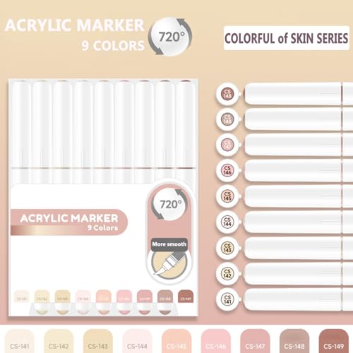Water Based Acrylic Paint Markers, 9 Colors Paint Pen Set | Colorful of Skin Series, Soft Brush Tip, Smooth Writing, Marker Pen for Rock Painting, Egg, Wood, Glass, Mugs, Black Paper - color: Colorful of Skin Series