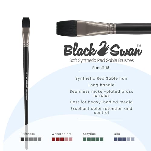 Black Swan Synthetic Red Sable Flat Paint Brushes - Flat Size # 20 - Professional Quality Long Handle Paint Brushes for Oil, Heavy Body Media and Acrylic - Artists of All Levels - size: Size 18