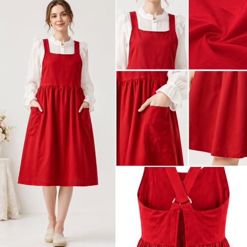 Uaussi Cotton Linen Apron Cross Back Work Apron for Women with Pockets Pinafore Dress X Cross Halter Apron for Chef Gardening - color: Red