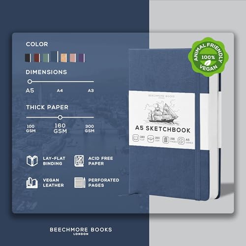 Beechmore Books A5 5.8x8.3 Mixed Media Sketchbook 160 GSM/98LB, Gift Box | Hardcover Art Journal with Lay-Flat Binding, 156 Perforated Ivory Pages, Portable Size for Drawing, Ink & Light Watercolor - color: Symphony Blue, size: A5 - 5.8" x 8.3" Medium