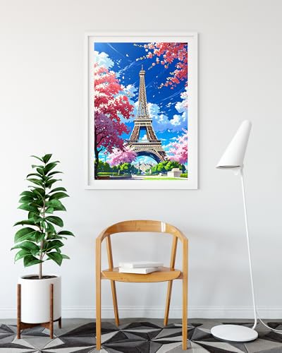 DDGEMART 5D Diamond Painting Kit, Paris Eiffel Tower Cherry Blossom City Landscape Art for Adults & Decorations, Full Drill Gem Art for Home Wall Decor, 12 x 16 Inch - color: Paris Eiffel Tower