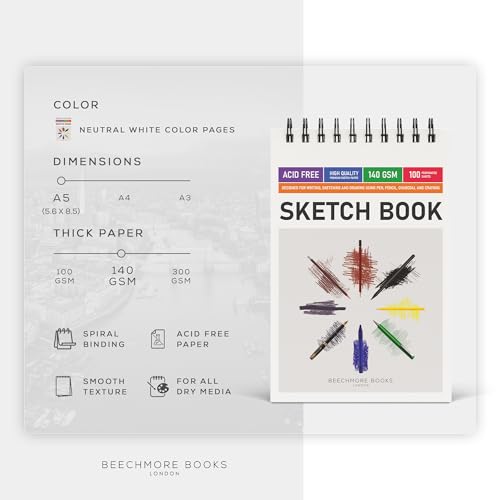 BEECHMORE BOOKS 5.6x8.5 A5 Spiral Sketchbook 140 GSM 100 Perforated Pages | Premium Art Sketch Pad for Drawing & Sketching, Acid-Free Paper, Portable Art Journaling for Artists, Beginners and Adults - size: A5 (5.6" x 8.5")