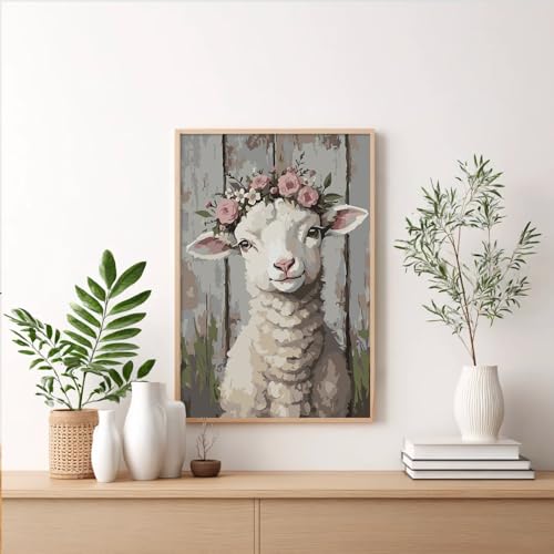 Framed Paint by Numbers Kit for Adults Beginner & Kids Ages 8-12, Lamb Paint by Numbers on Canvas with Frame, without Easel, DIY Number Painting for Adults Cute Animal for Home Decor Gift 8 x 12 Inch - color: XM-OP-F-Lamb-2030