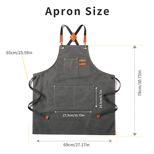 Tosewever Canvas Cross Back Chef Cotton Aprons for Men Women with Large Pockets - color: Grey