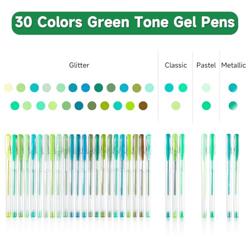 Shuttle Art 60 Pack Green Tone Gel Pens, 30 Green Tone Gel Pens with 30 Refills for Adults Coloring Books Journaling Drawing Nature, Landscapes, Animals Scenes - color: 60 Pack Green Tone