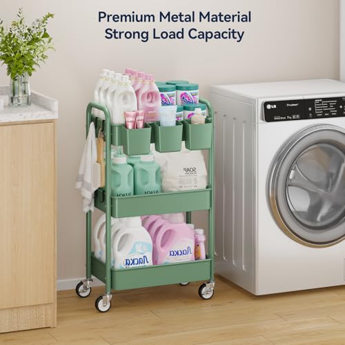 YASONIC 3-Tier Rolling Cart, Green, 66 Pounds Capacity, Mesh Storage Organizer with Lockable Wheels, 3 Hanging Cups, 4 Hooks, Easy Assembly, for Kitchen, Bathroom, Laundry, Grocery | Sturdy Rolling Storage Cart With Hooks & Hanging Cups, Great For Craft,